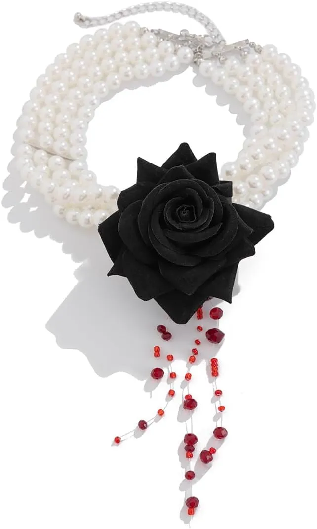Multilayer Pearl Choker with Black Red Rose Flower Vintage Chunky Pearl Ruby Crystal Tassel Gothic Faux Pearl Statement Jewelry for Women