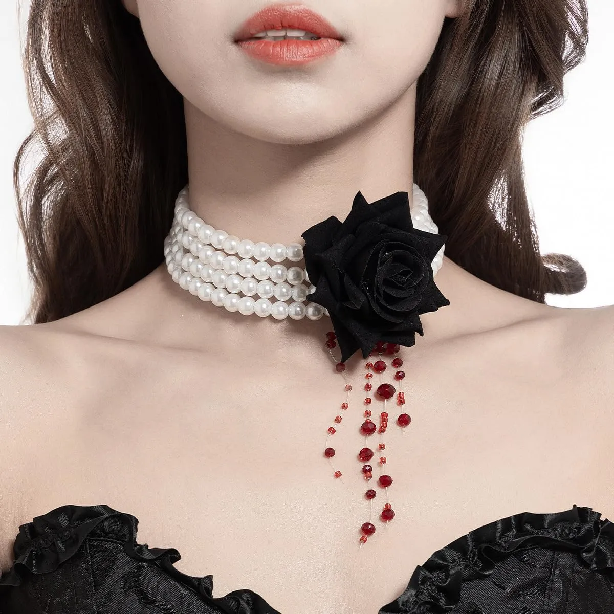 Multilayer Pearl Choker with Black Red Rose Flower Vintage Chunky Pearl Ruby Crystal Tassel Gothic Faux Pearl Statement Jewelry for Women