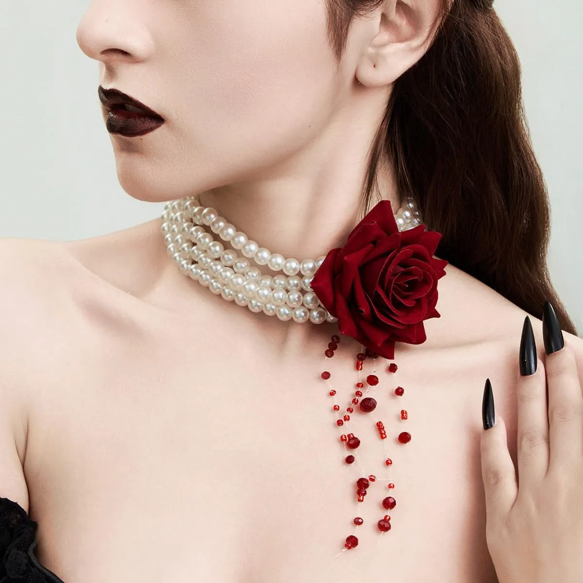 Multilayer Pearl Choker with Black Red Rose Flower Vintage Chunky Pearl Ruby Crystal Tassel Gothic Faux Pearl Statement Jewelry for Women