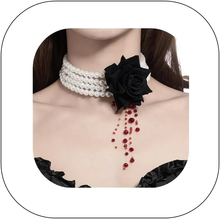Multilayer Pearl Choker with Black Red Rose Flower Vintage Chunky Pearl Ruby Crystal Tassel Gothic Faux Pearl Statement Jewelry for Women