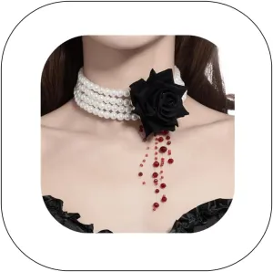 Multilayer Pearl Choker with Black Red Rose Flower Vintage Chunky Pearl Ruby Crystal Tassel Gothic Faux Pearl Statement Jewelry for Women