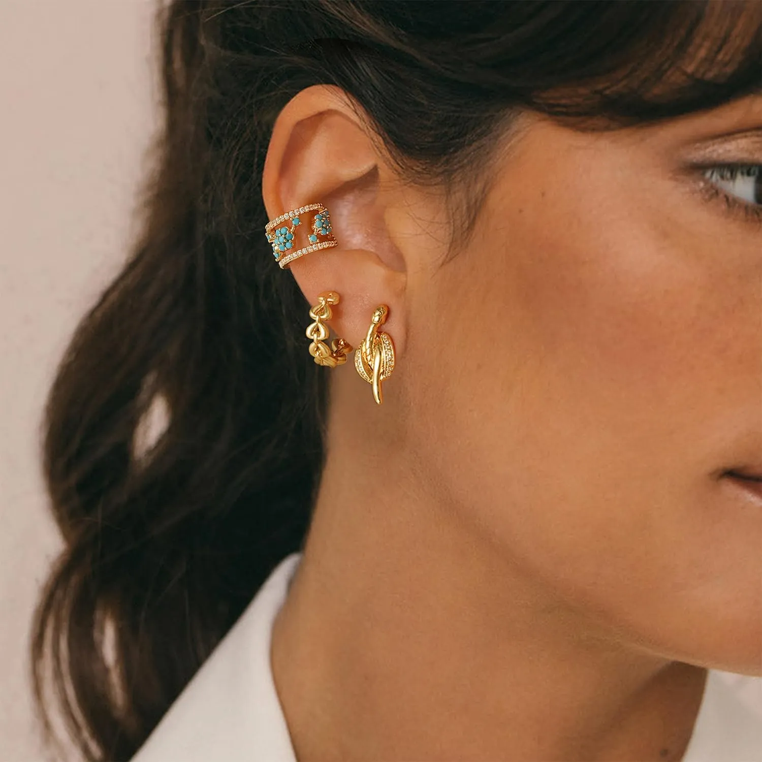 MYEARS Women Ear Cuff Earring Gold Non Pierced Cartilage Clip on Open Wrap Turquoise 14K Gold Plated Simple Hypoallergenic Everyday Jewelry