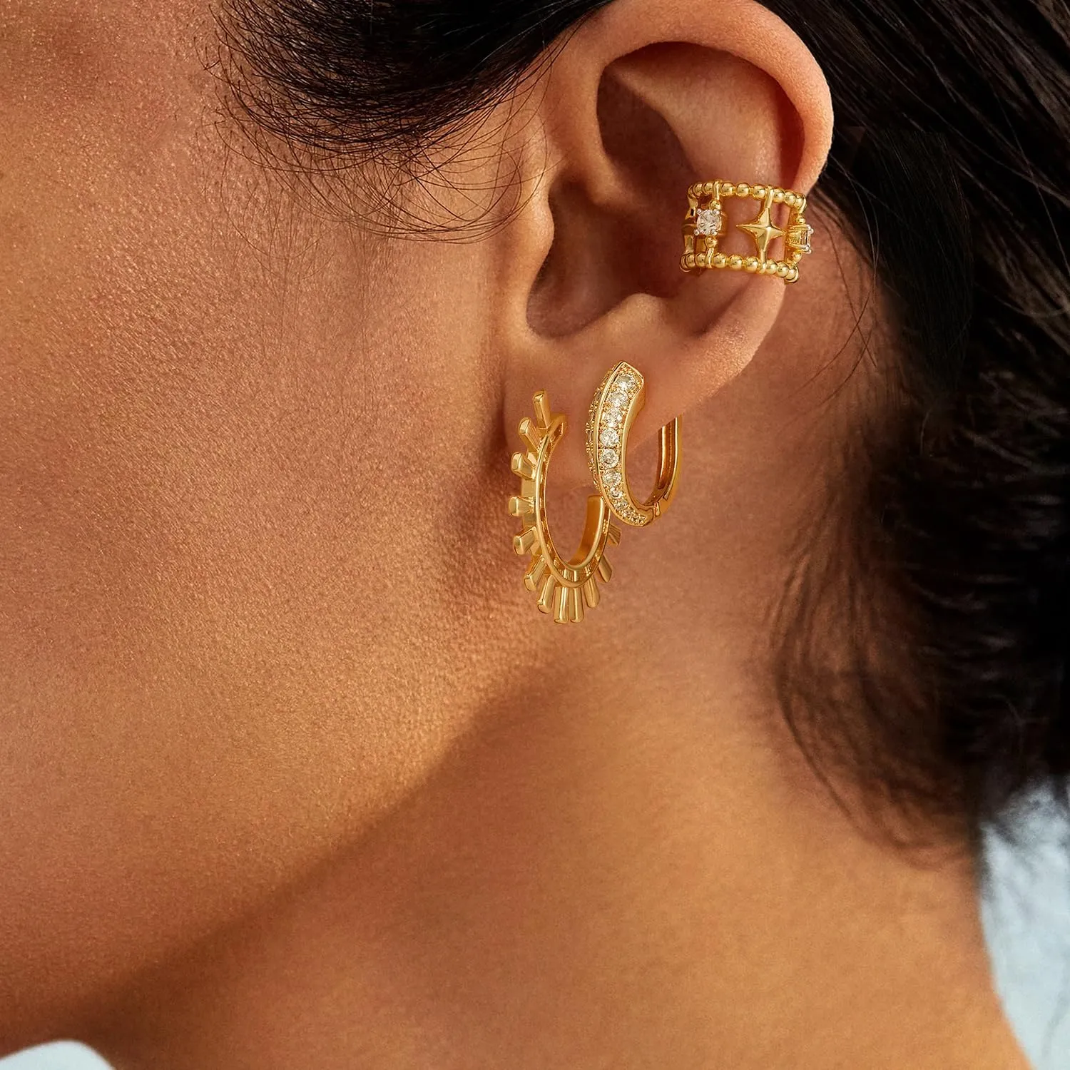 MYEARS Women Ear Cuff Earrings Gold Non Pierced Cartilage Clip on Open Wrap Beaded Hoop 14K Gold Plated Simple Hypoallergenic Everyday Jewelry