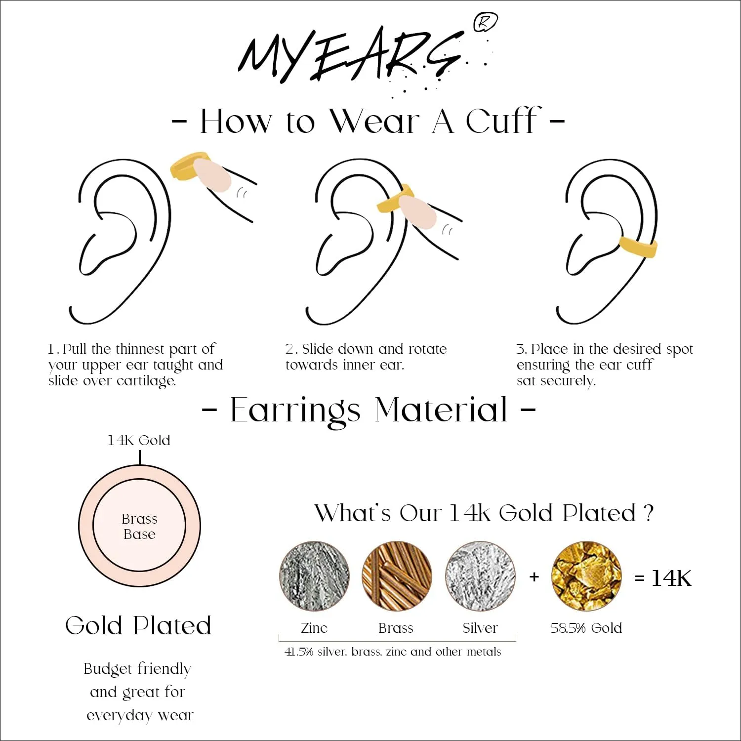 MYEARS Women Ear Cuff Earrings Gold Non Pierced Cartilage Clip on Open Wrap Hoop Rainbow Cubic Zirconia 14K Gold Plated Simple Hypoallergenic Everyday Jewelry