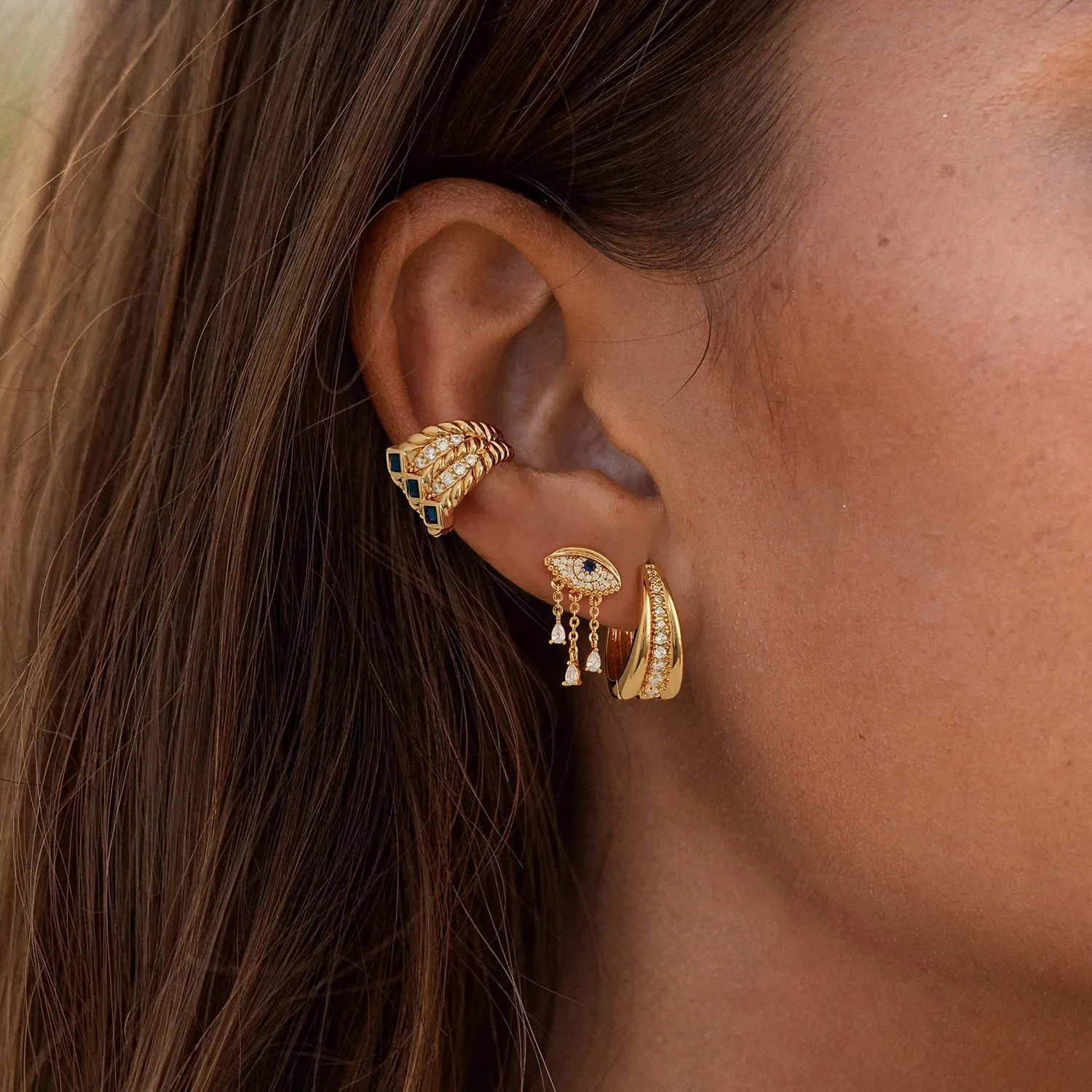 MYEARS Women Ear Cuff Earrings Gold Non Pierced Cartilage Clip on Open Wrap Hoop Rainbow Cubic Zirconia 14K Gold Plated Simple Hypoallergenic Everyday Jewelry