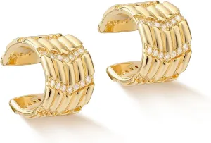 MYEARS Women Ear Cuff Earrings Gold Non Pierced Cartilage Clip on Open Wrap Ribbed Hoop 14K Gold Plated Simple Hypoallergenic Everyday Jewelry