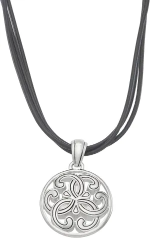 Napier 16'' silver and black leather necklace with antiqued scroll pendant and 3'' extender piece, lobster claps closure