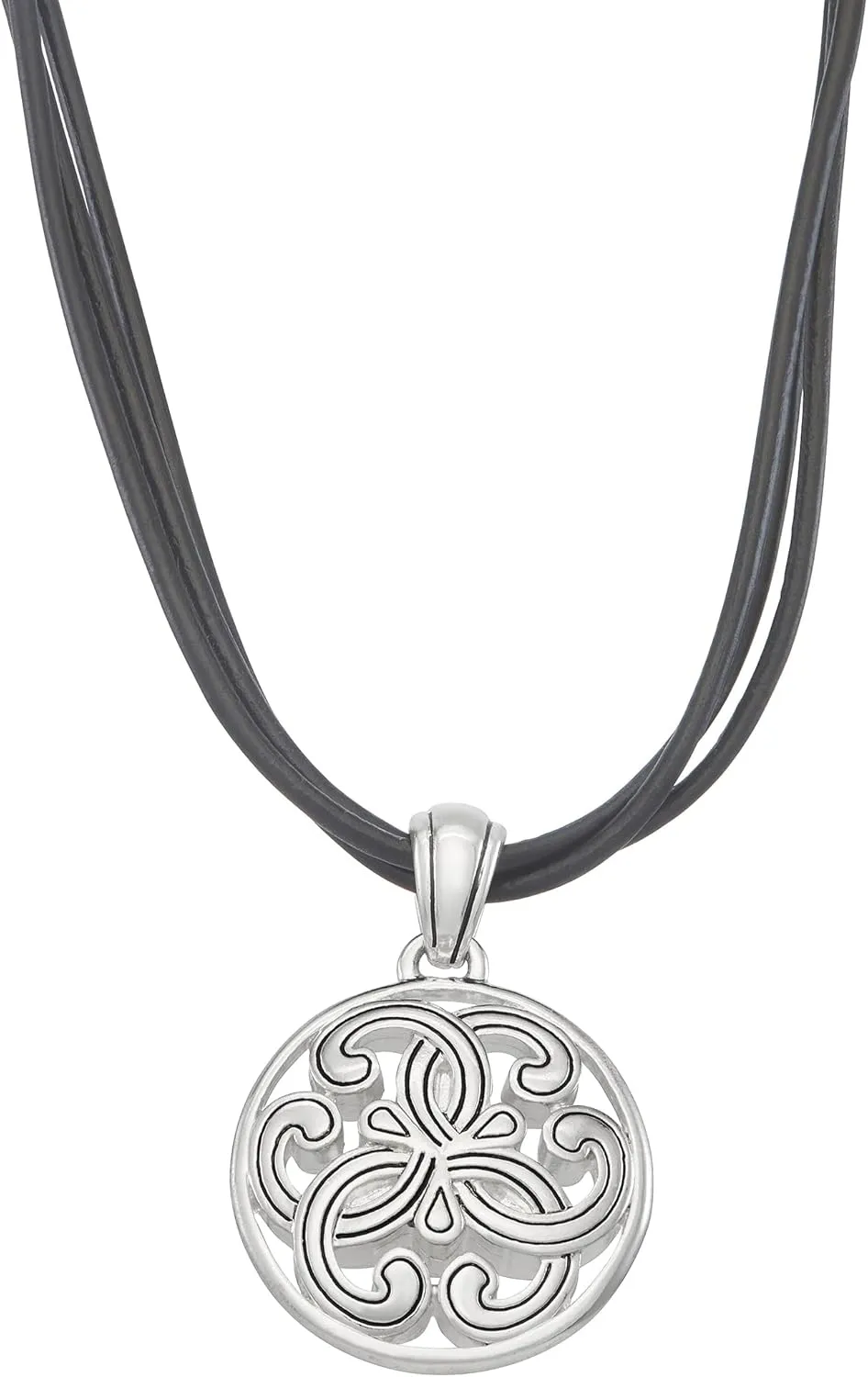 Napier 16'' silver and black leather necklace with antiqued scroll pendant and 3'' extender piece, lobster claps closure