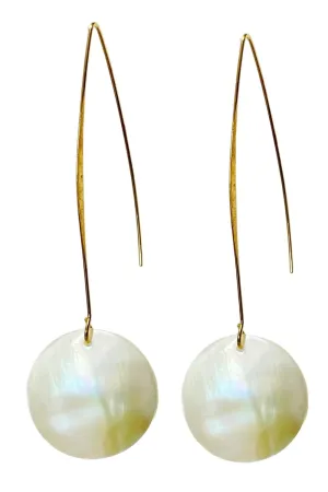 Natural Sea Shell Modern Pull through Earrings Gold, Round Disc Mother of Pearl Long Drop Dangle Earrings for Women Girl Gift (Natural White)