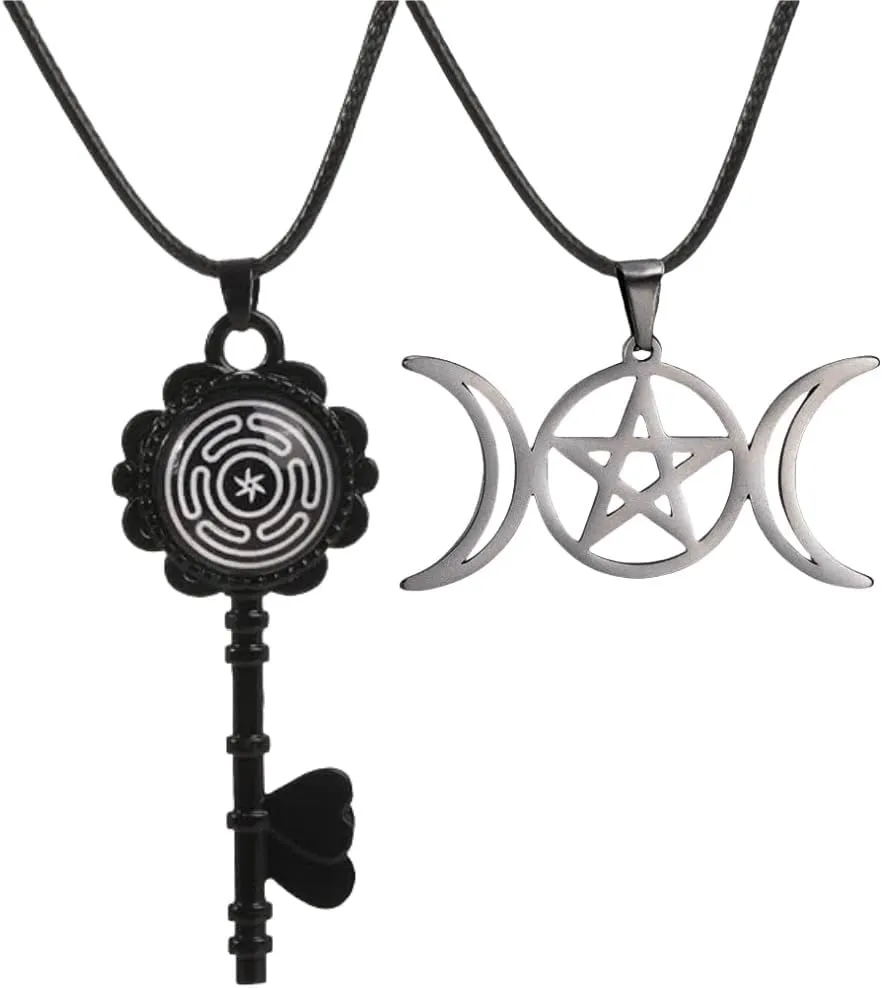 NIGHTCRUZ 2PCS Witch Necklace, Triple Moon Goddess Pendant, Hecate Wheel Necklace