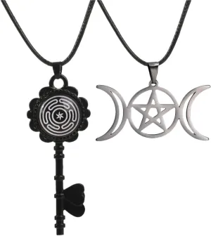 NIGHTCRUZ 2PCS Witch Necklace, Triple Moon Goddess Pendant, Hecate Wheel Necklace