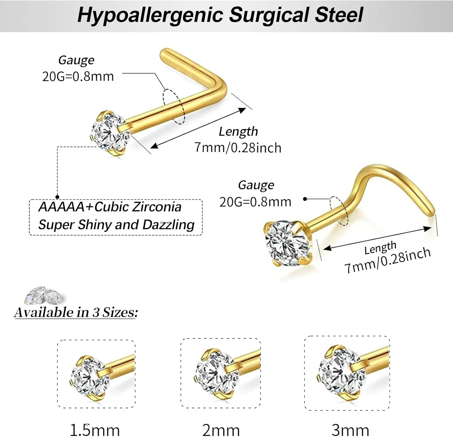 Nose Rings and Nose Studs Sets for Women Men,Hypoallergenic 316L Surgical Steel Nose Hoops Can Be Used for Helix Cartilage Multi-Use Earrings Piercing,L Shape and Corkscrew Nose Studs Comfort Fit Everyday Wear Jewelry