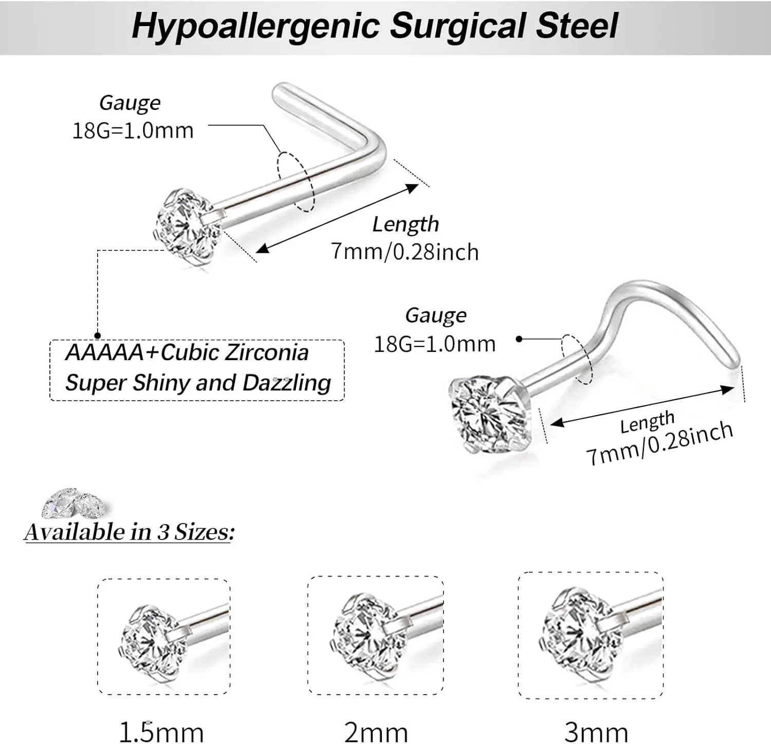 Nose Rings and Nose Studs Sets for Women Men,Hypoallergenic 316L Surgical Steel Nose Hoops Can Be Used for Helix Cartilage Multi-Use Earrings Piercing,L Shape and Corkscrew Nose Studs Comfort Fit Everyday Wear Jewelry