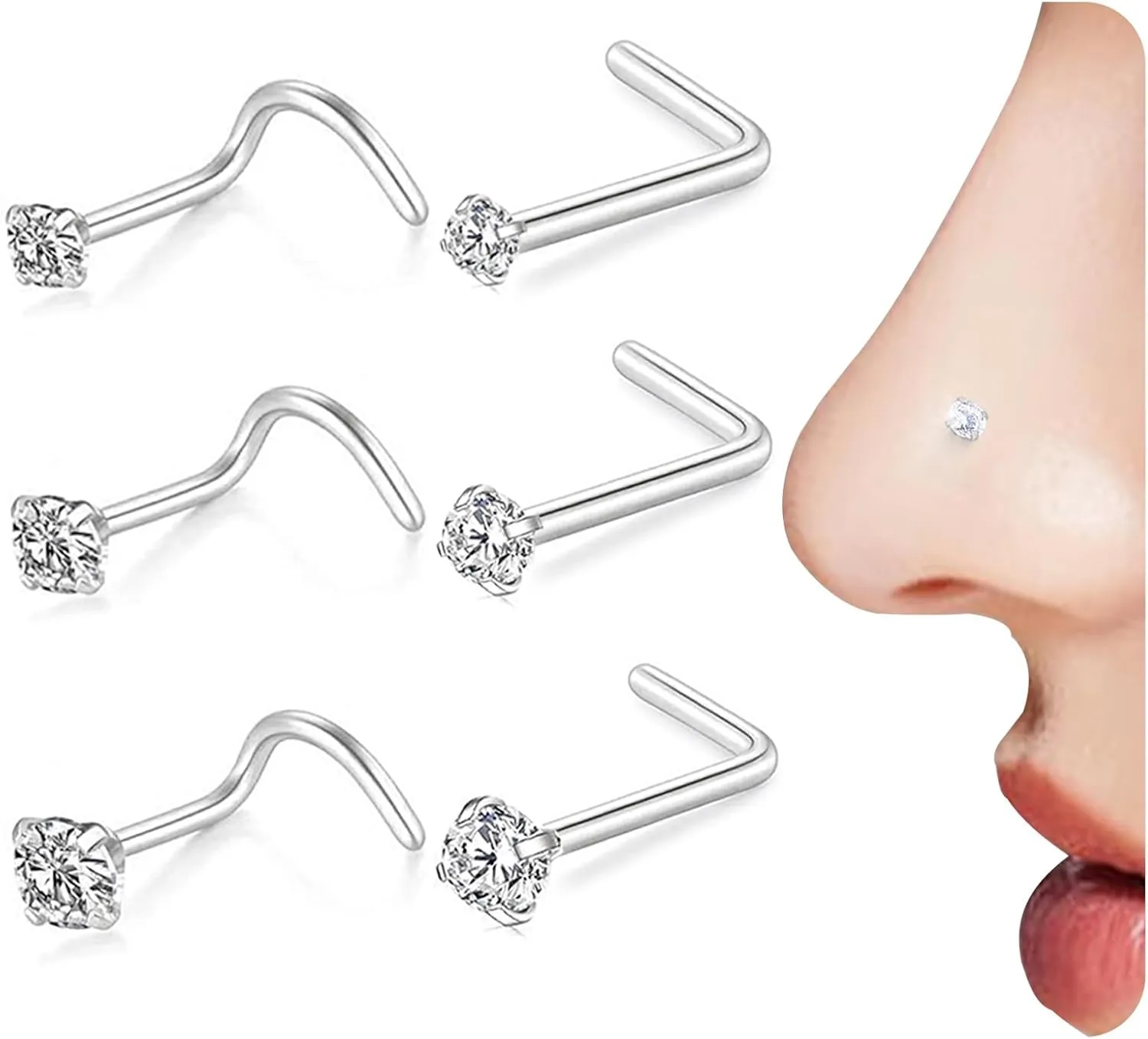 Nose Rings and Nose Studs Sets for Women Men,Hypoallergenic 316L Surgical Steel Nose Hoops Can Be Used for Helix Cartilage Multi-Use Earrings Piercing,L Shape and Corkscrew Nose Studs Comfort Fit Everyday Wear Jewelry