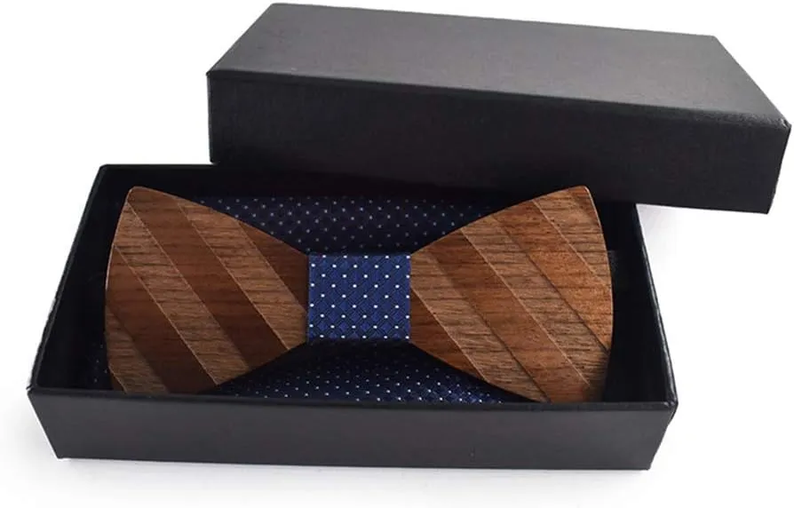 Novelty Wood Bow Tie Handmade Groom Groomsman Pre-tie Bowtie Pocket Square and Men's Cufflinks Set with Gift Box