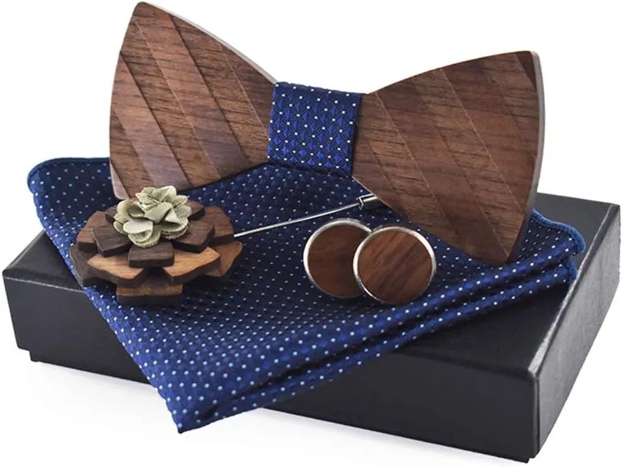 Novelty Wood Bow Tie Handmade Groom Groomsman Pre-tie Bowtie Pocket Square and Men's Cufflinks Set with Gift Box