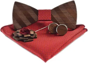 Novelty Wood Bow Tie Handmade Groom Groomsman Pre-tie Bowtie Pocket Square and Men's Cufflinks Set with Gift Box