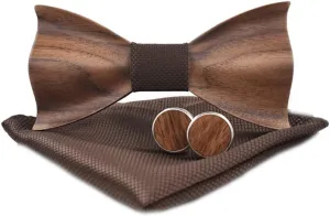 Novelty Wood Bow Tie Handmade Groom Groomsman Pre-tie Bowtie Pocket Square and Men's Cufflinks Set with Gift Box