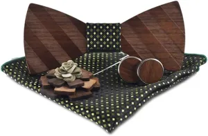 Novelty Wood Bow Tie Handmade Groom Groomsman Pre-tie Bowtie Pocket Square and Men's Cufflinks Set with Gift Box