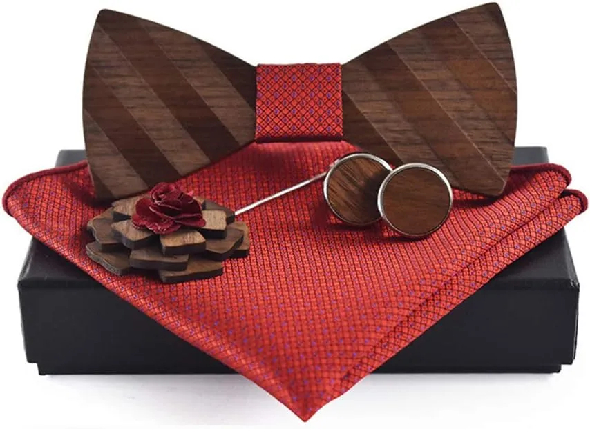 Novelty Wood Bow Tie Handmade Groom Groomsman Pre-tie Bowtie Pocket Square and Men's Cufflinks Set with Gift Box
