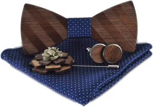 Novelty Wood Bow Tie Handmade Groom Groomsman Pre-tie Bowtie Pocket Square and Men's Cufflinks Set with Gift Box