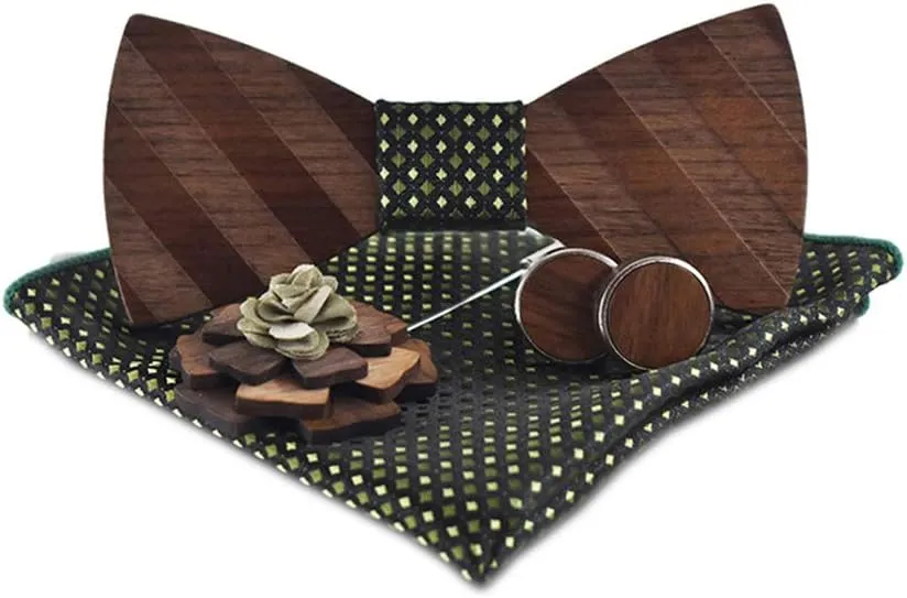 Novelty Wood Bow Tie Handmade Groom Groomsman Pre-tie Bowtie Pocket Square and Men's Cufflinks Set with Gift Box