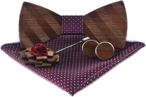 Novelty Wood Bow Tie Handmade Groom Groomsman Pre-tie Bowtie Pocket Square and Men's Cufflinks Set with Gift Box