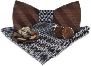 Novelty Wood Bow Tie Handmade Groom Groomsman Pre-tie Bowtie Pocket Square and Men's Cufflinks Set with Gift Box