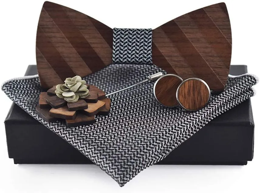 Novelty Wood Bow Tie Handmade Groom Groomsman Pre-tie Bowtie Pocket Square and Men's Cufflinks Set with Gift Box