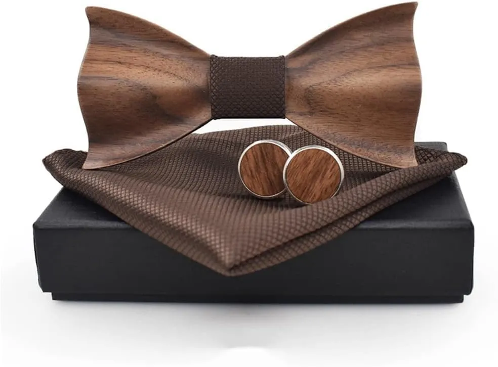 Novelty Wood Bow Tie Handmade Groom Groomsman Pre-tie Bowtie Pocket Square and Men's Cufflinks Set with Gift Box
