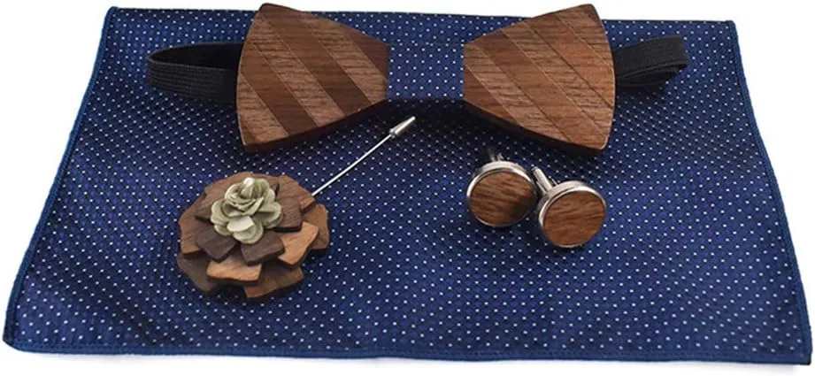 Novelty Wood Bow Tie Handmade Groom Groomsman Pre-tie Bowtie Pocket Square and Men's Cufflinks Set with Gift Box