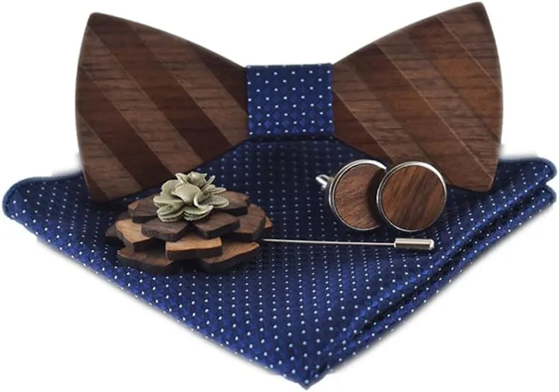 Novelty Wood Bow Tie Handmade Groom Groomsman Pre-tie Bowtie Pocket Square and Men's Cufflinks Set with Gift Box