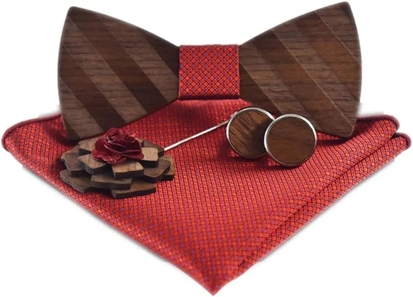 Novelty Wood Bow Tie Handmade Groom Groomsman Pre-tie Bowtie Pocket Square and Men's Cufflinks Set with Gift Box