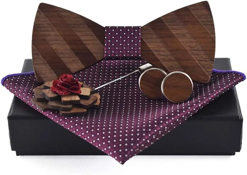 Novelty Wood Bow Tie Handmade Groom Groomsman Pre-tie Bowtie Pocket Square and Men's Cufflinks Set with Gift Box