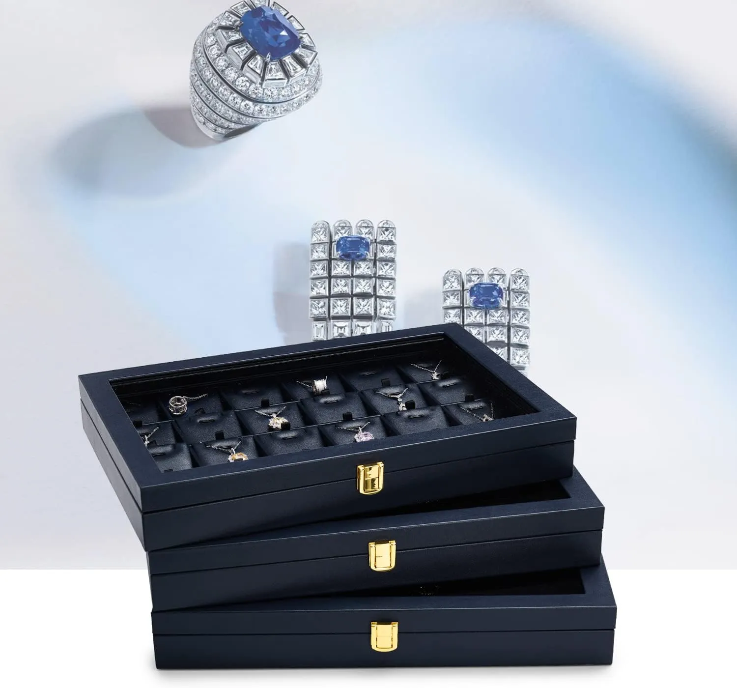 Oirlv Premium Blue Leather Flat Jewelry Tray with Acrylic Lid Jewelry Organizer Case Showcase Big Necklace Display Organizer Box with Locks for Security