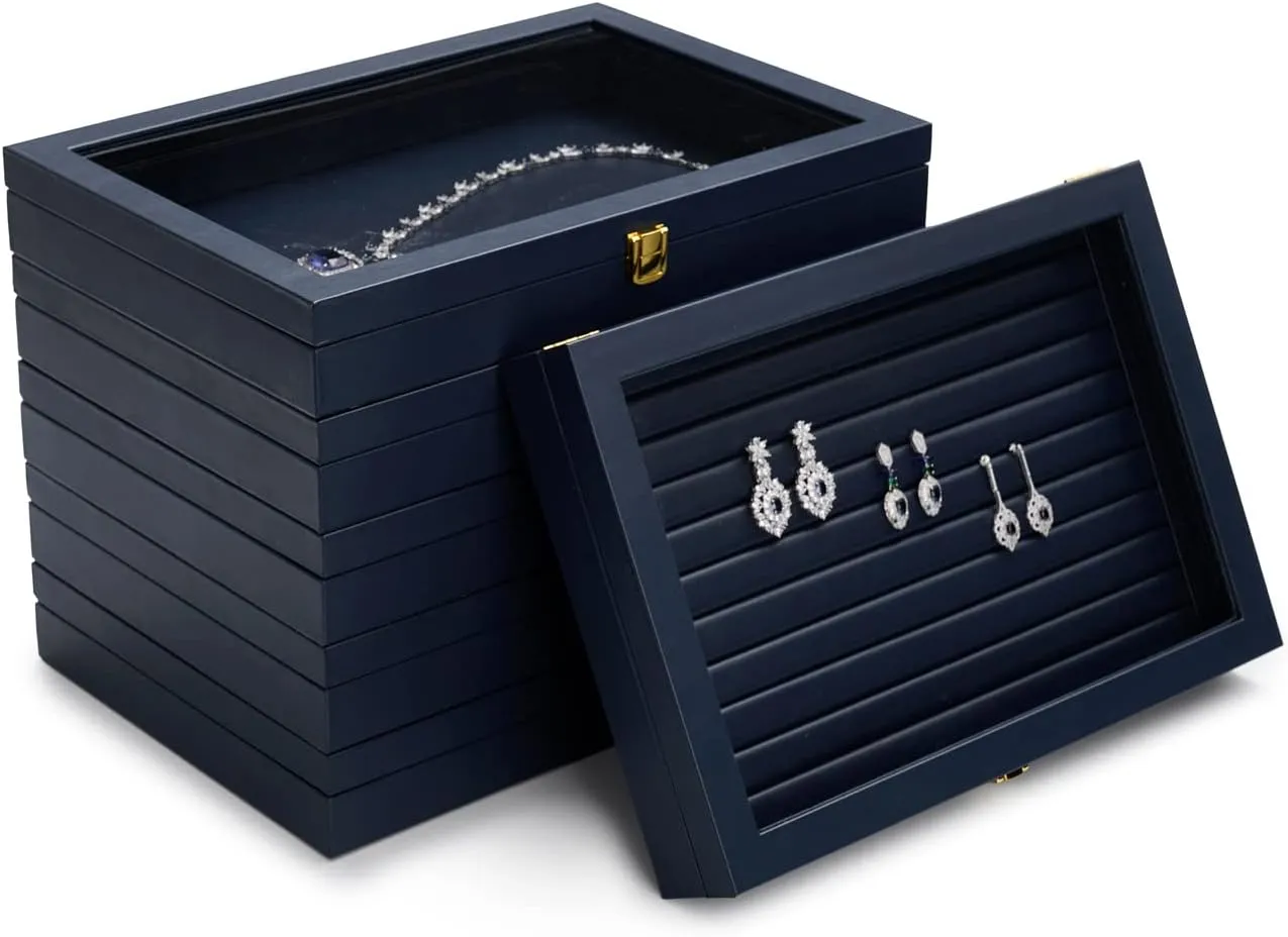 Oirlv Premium Blue Leather Flat Jewelry Tray with Acrylic Lid Jewelry Organizer Case Showcase Big Necklace Display Organizer Box with Locks for Security