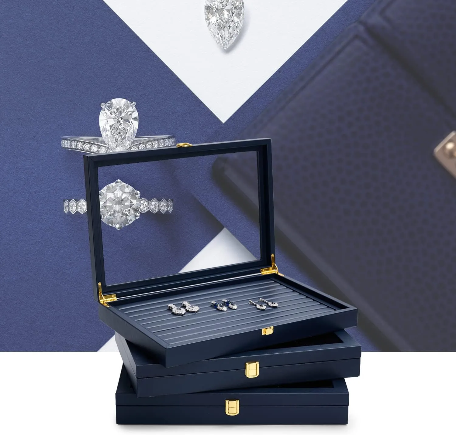 Oirlv Premium Blue Leather Flat Jewelry Tray with Acrylic Lid Jewelry Organizer Case Showcase Big Necklace Display Organizer Box with Locks for Security