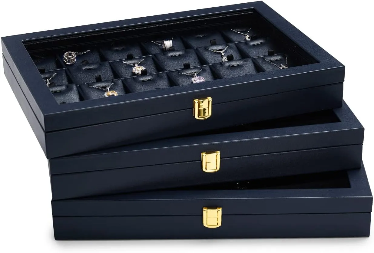 Oirlv Premium Blue Leather Jewelry Tray with 24 Grid Removable Jewelry Cards Jewelry Organizer Box with Transparent Acrylic Lid Necklace Pendant Display Case