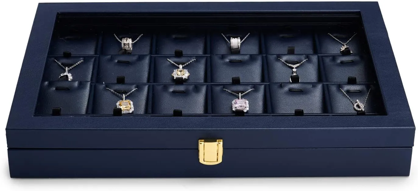 Oirlv Premium Blue Leather Jewelry Tray with 24 Grid Removable Jewelry Cards Jewelry Organizer Box with Transparent Acrylic Lid Necklace Pendant Display Case