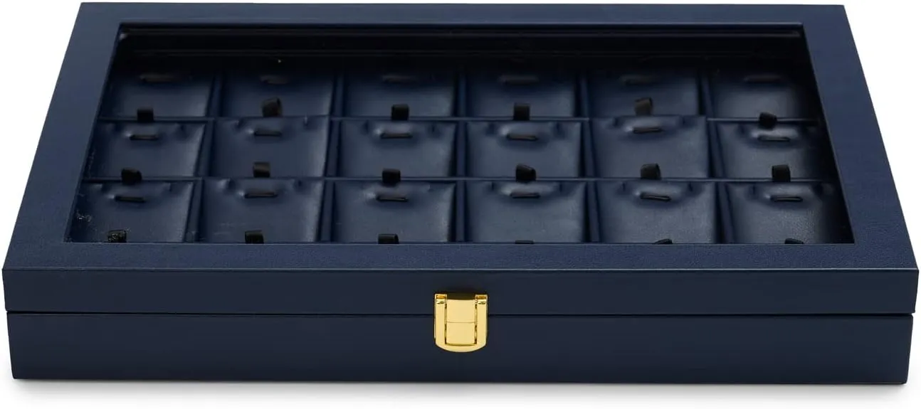 Oirlv Premium Blue Leather Jewelry Tray with 24 Grid Removable Jewelry Cards Jewelry Organizer Box with Transparent Acrylic Lid Necklace Pendant Display Case