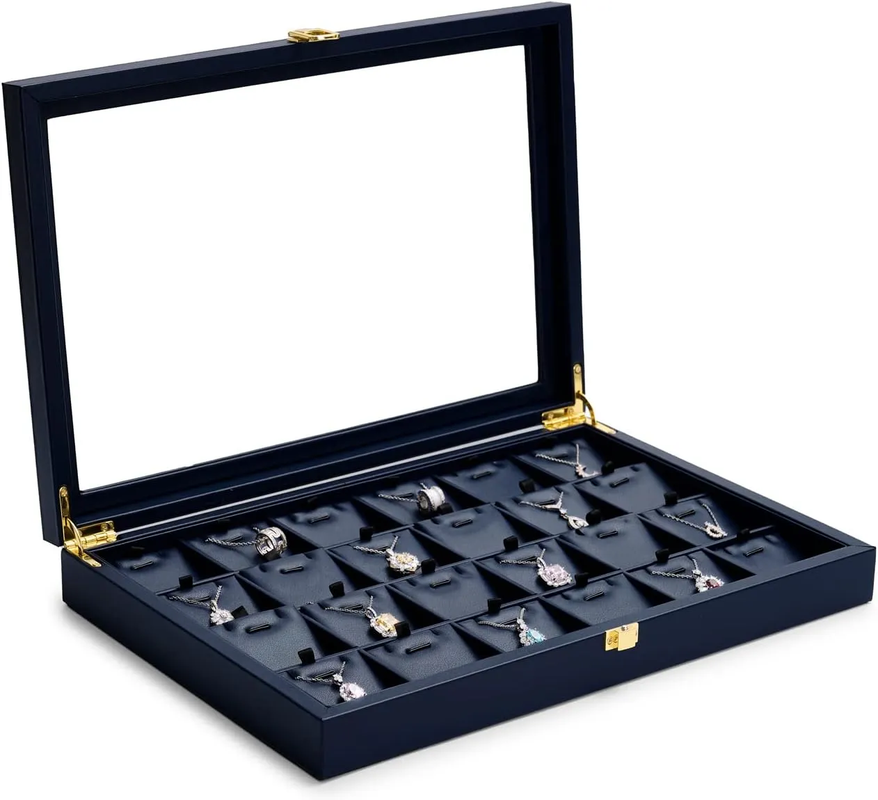 Oirlv Premium Blue Leather Jewelry Tray with 24 Grid Removable Jewelry Cards Jewelry Organizer Box with Transparent Acrylic Lid Necklace Pendant Display Case