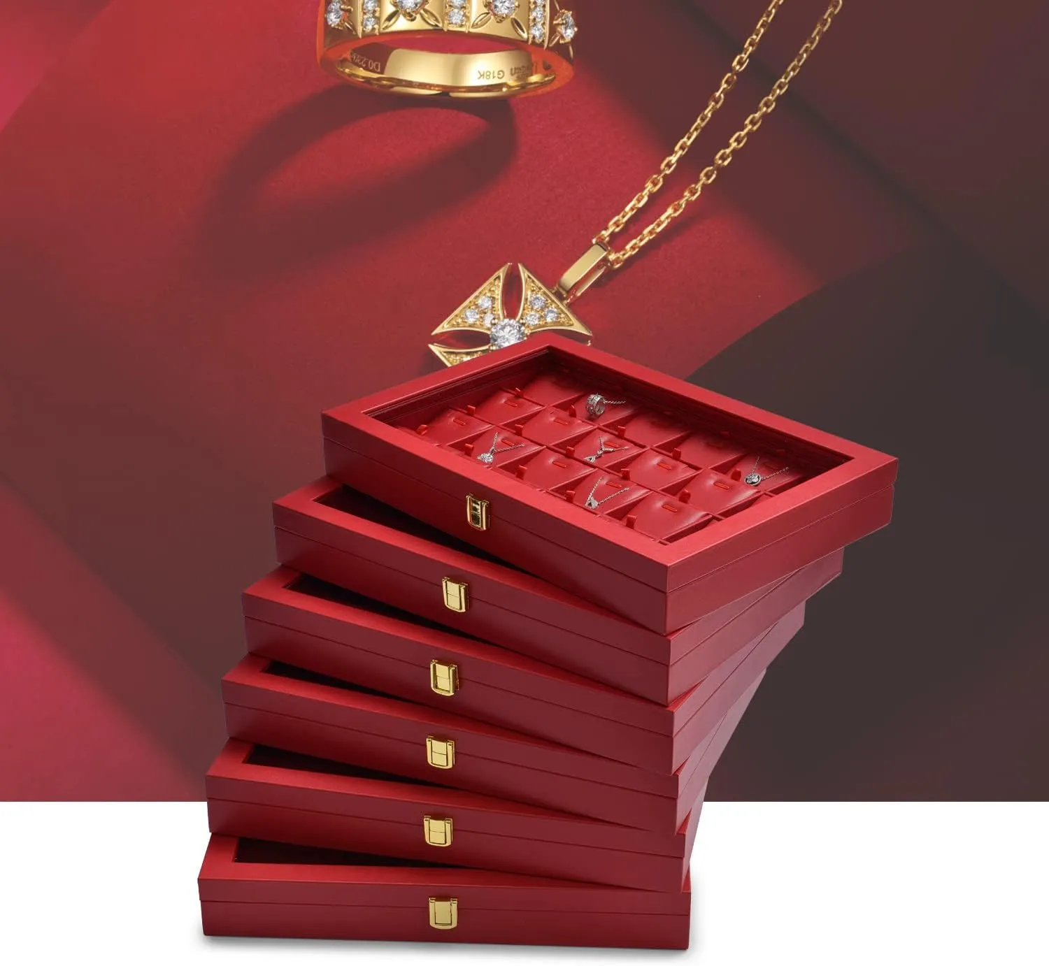 Oirlv Premium Red Leather Jewelry Tray with Acrylic Lid Jewelry Organizer Case Showcase Jewelry Display Organizer Box