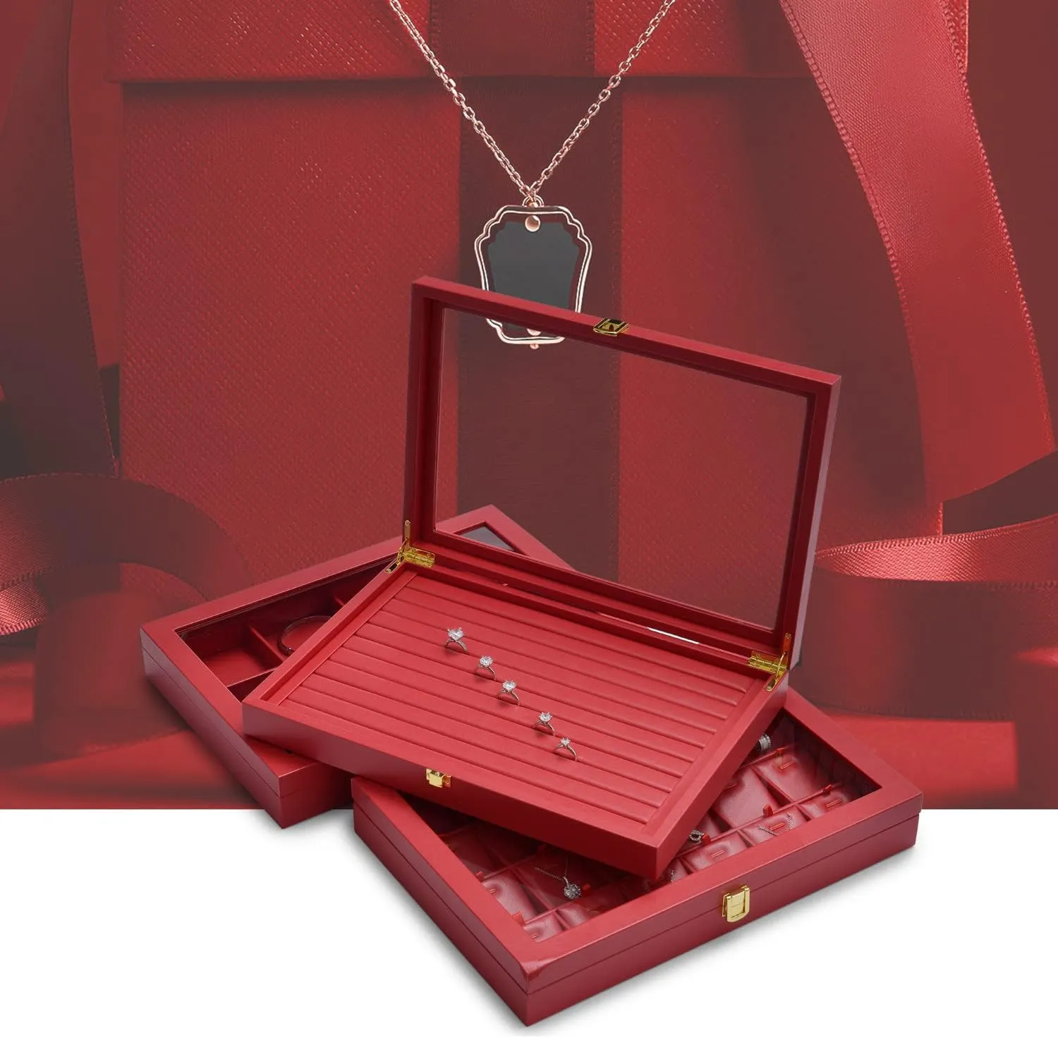 Oirlv Premium Red Leather Jewelry Tray with Acrylic Lid Jewelry Organizer Case Showcase Jewelry Display Organizer Box