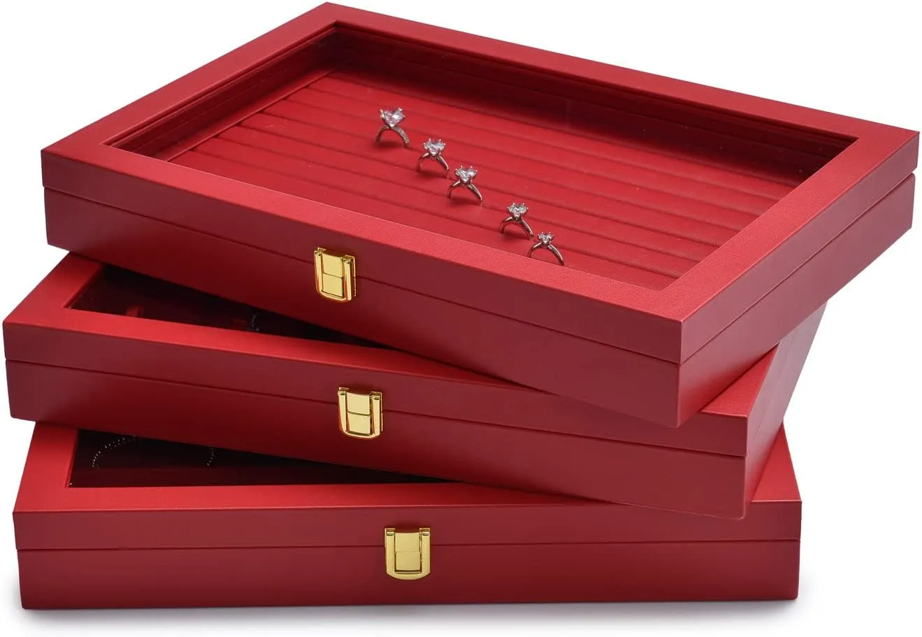 Oirlv Premium Red Leather Jewelry Tray with Acrylic Lid Jewelry Organizer Case Showcase Jewelry Display Organizer Box