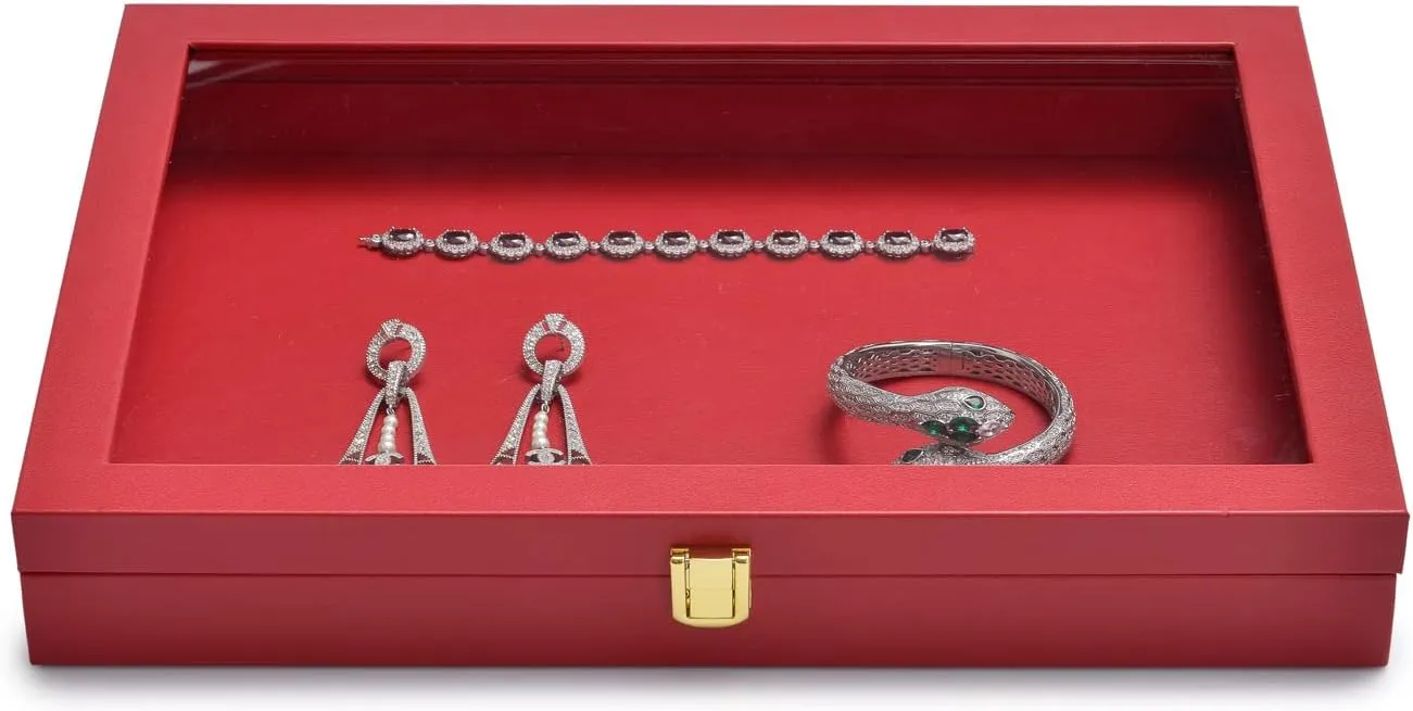 Oirlv Premium Red Leather Jewelry Tray with Acrylic Lid Jewelry Organizer Case Showcase Jewelry Display Organizer Box