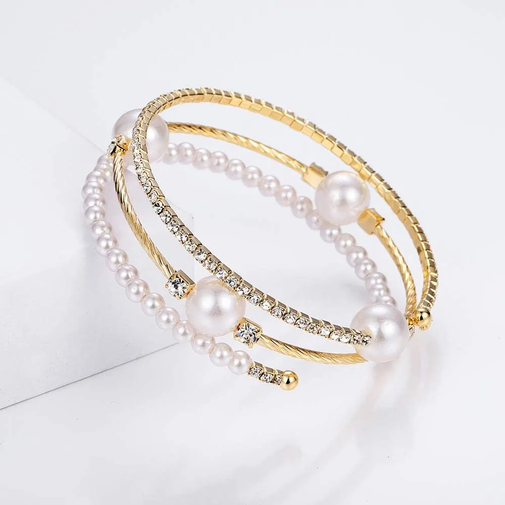 Open Layered Simulated Pearl Wide Crystal Bracelet Multilayer Glaring Rhinestone Cuff Bangles Jewelry for Women Girls