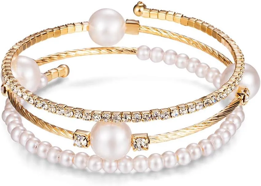 Open Layered Simulated Pearl Wide Crystal Bracelet Multilayer Glaring Rhinestone Cuff Bangles Jewelry for Women Girls