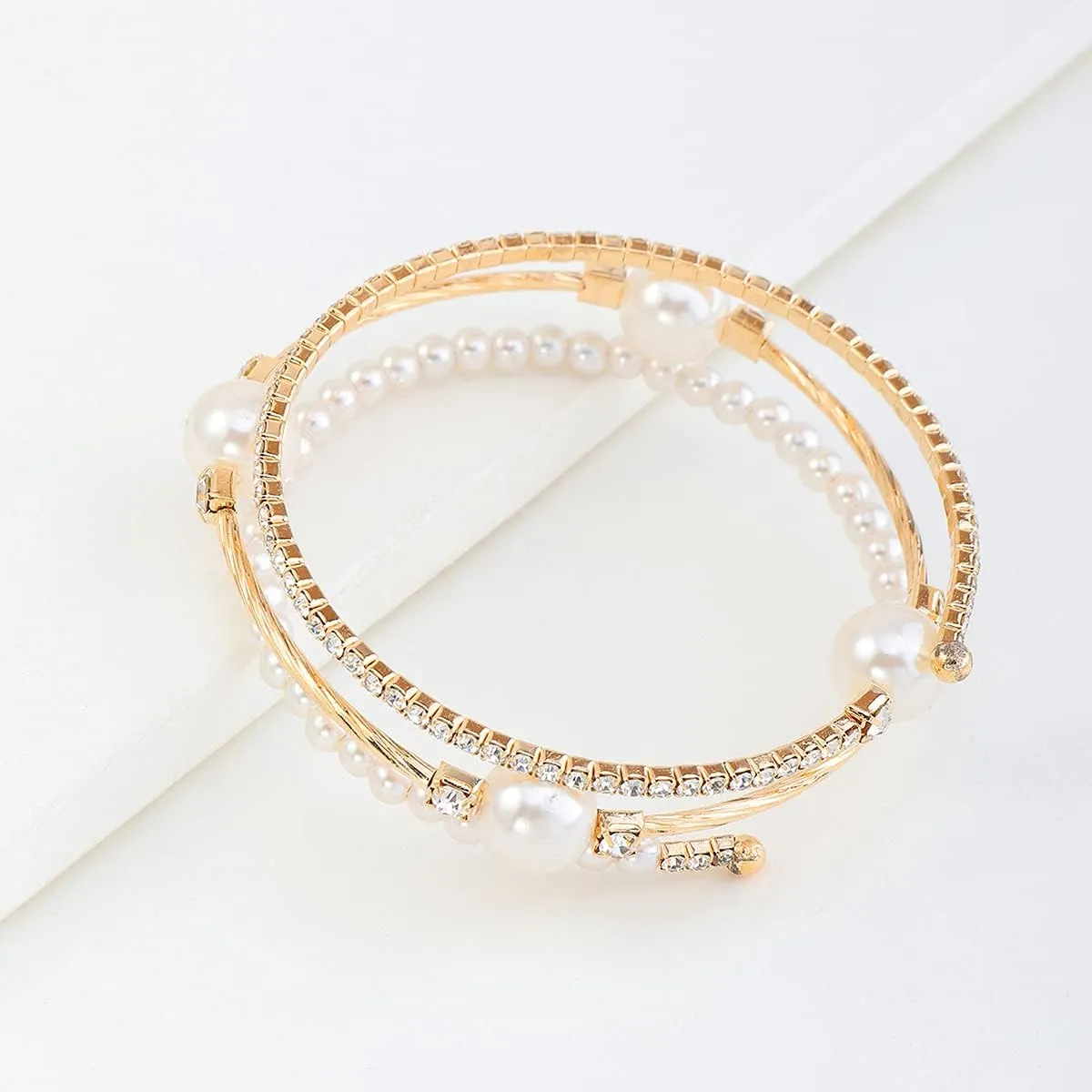 Open Layered Simulated Pearl Wide Crystal Bracelet Multilayer Glaring Rhinestone Cuff Bangles Jewelry for Women Girls