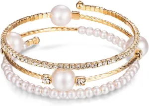 Open Layered Simulated Pearl Wide Crystal Bracelet Multilayer Glaring Rhinestone Cuff Bangles Jewelry for Women Girls