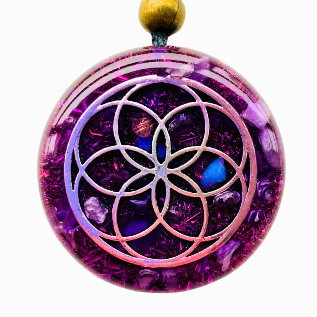 Orgone Necklace Seed of Life Healing Crystals Protection SBB Coil Copper Stone, Orgonite Pendant Amethyst Moonstone Rose Quartz, Yoga, Reiki, Handmade, Amulet Arte Orgones Design